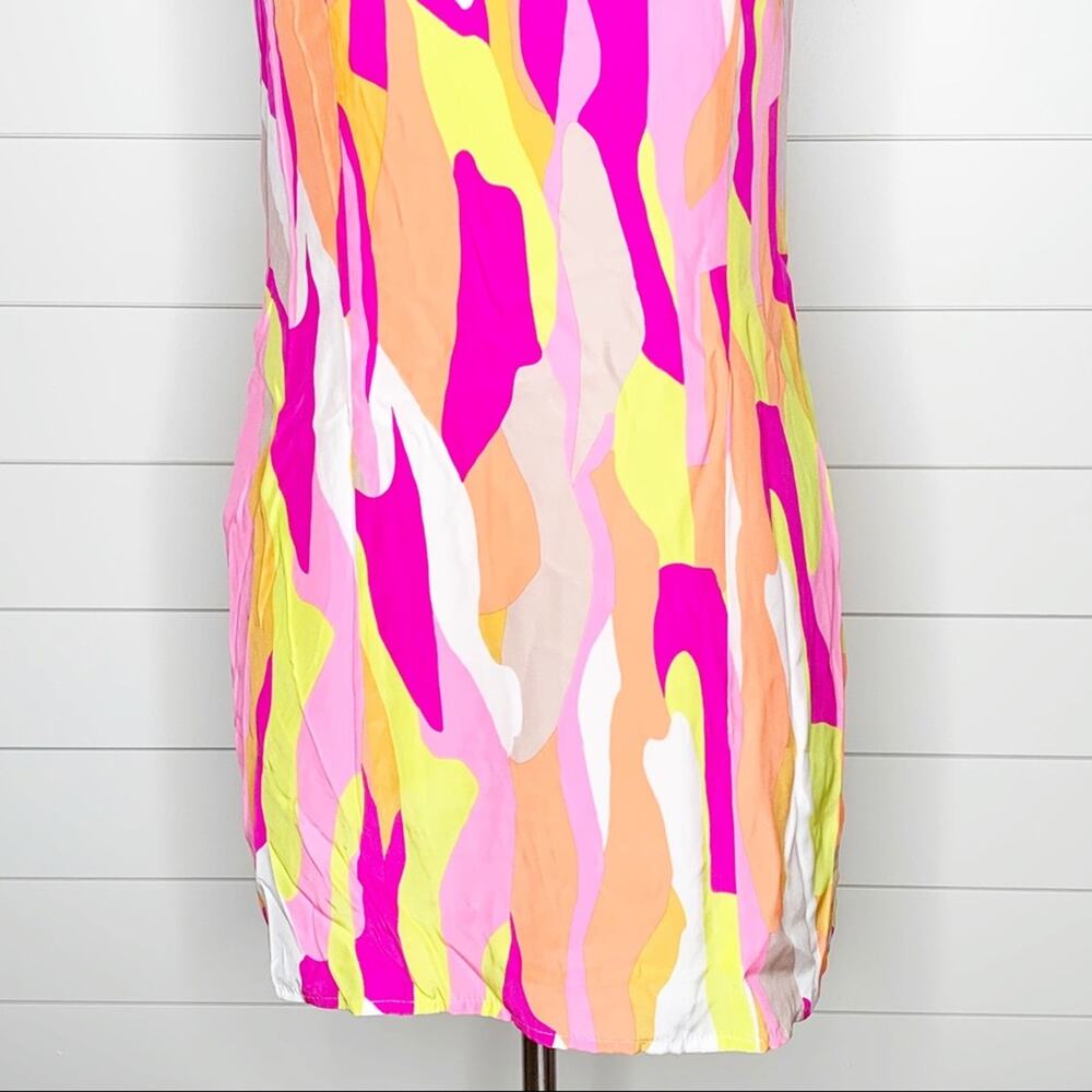 Britt Ryan Abstract Printed Silk Racerback Mini Dress Pink Yellow Small - Picture 3 of 10